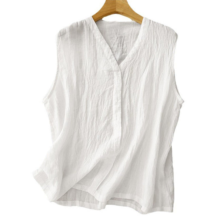 Cardigan scollo a V senza maniche in cotone e lino da donna, casual, estivo, in tinta unita, con design a pieghe, motivo Buddha Stones - image 17