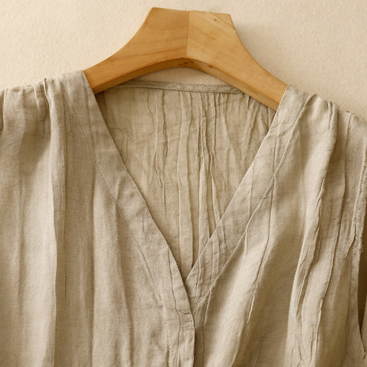 Cardigan scollo a V senza maniche in cotone e lino da donna, casual, estivo, in tinta unita, con design a pieghe, motivo Buddha Stones - image 1