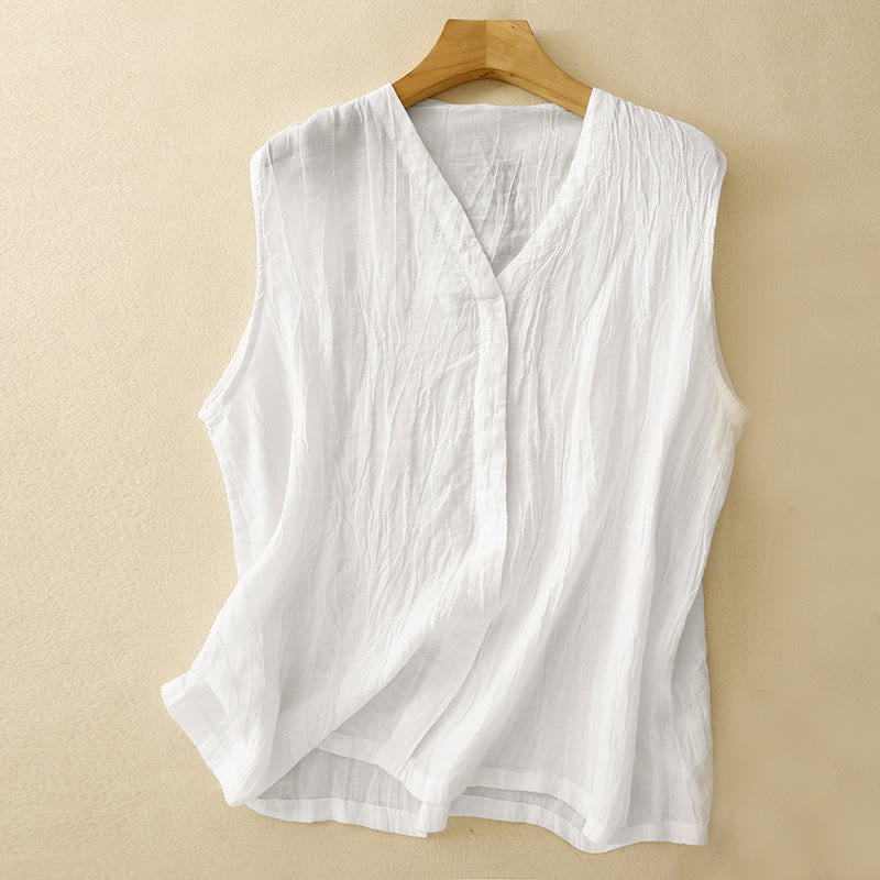 Cardigan scollo a V senza maniche in cotone e lino da donna, casual, estivo, in tinta unita, con design a pieghe, motivo Buddha Stones - Bianco - US8-10, UK/AU12-14, EU40-42 (2XL) - image 13