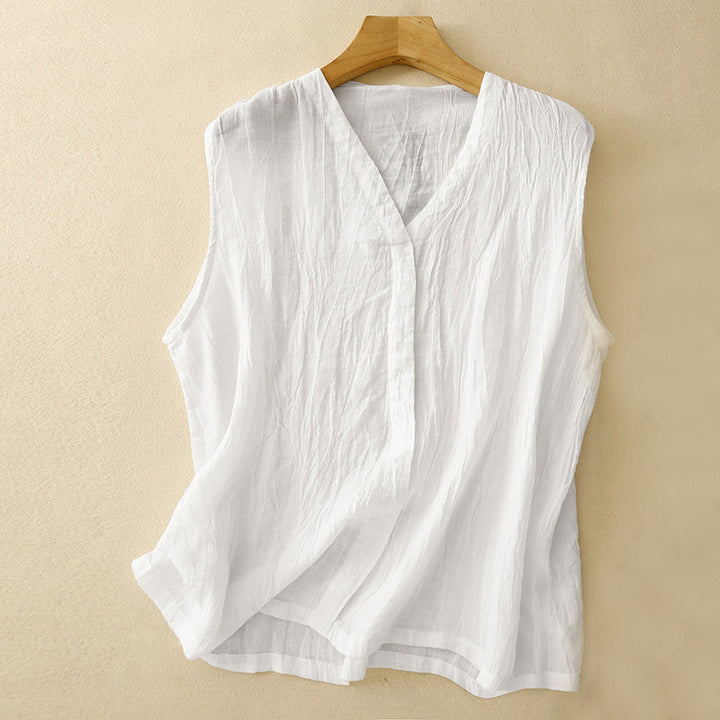 Cardigan scollo a V senza maniche in cotone e lino da donna, casual, estivo, in tinta unita, con design a pieghe, motivo Buddha Stones - Bianco - US8-10, UK/AU12-14, EU40-42 (2XL) - image 13