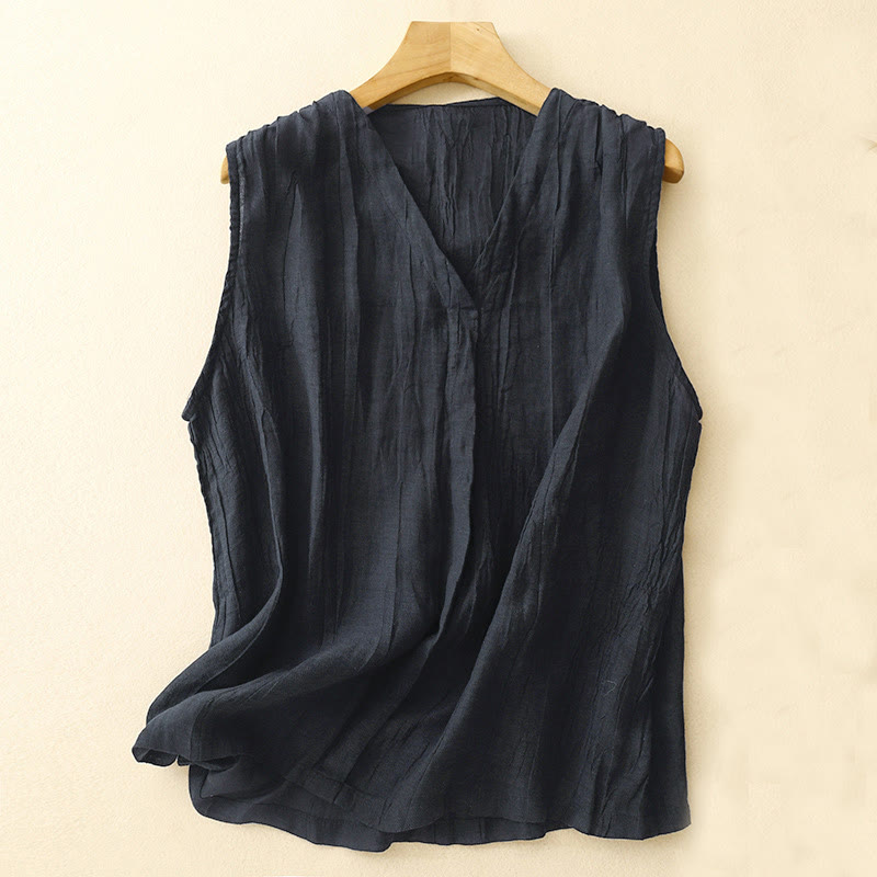 Cardigan scollo a V senza maniche in cotone e lino da donna, casual, estivo, in tinta unita, con design a pieghe, motivo Buddha Stones - Marina - US8-10, UK/AU12-14, EU40-42 (2XL) - image 5