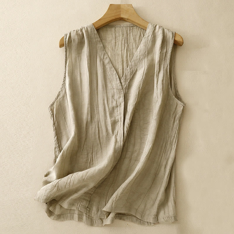 Cardigan scollo a V senza maniche in cotone e lino da donna, casual, estivo, in tinta unita, con design a pieghe, motivo Buddha Stones - Cachi - US8-10, UK/AU12-14, EU40-42 (2XL) - image 0