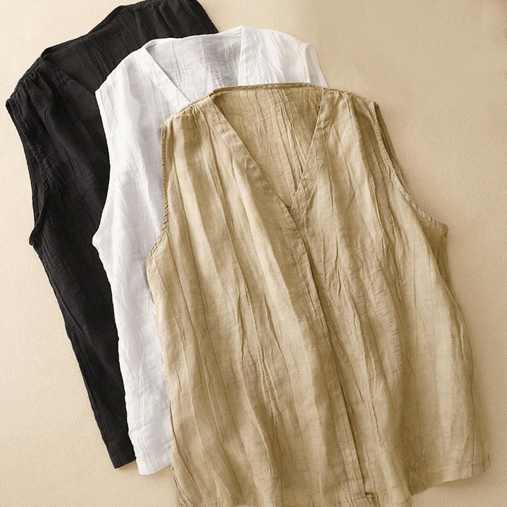 Cardigan scollo a V senza maniche in cotone e lino da donna, casual, estivo, in tinta unita, con design a pieghe, motivo Buddha Stones - image 18