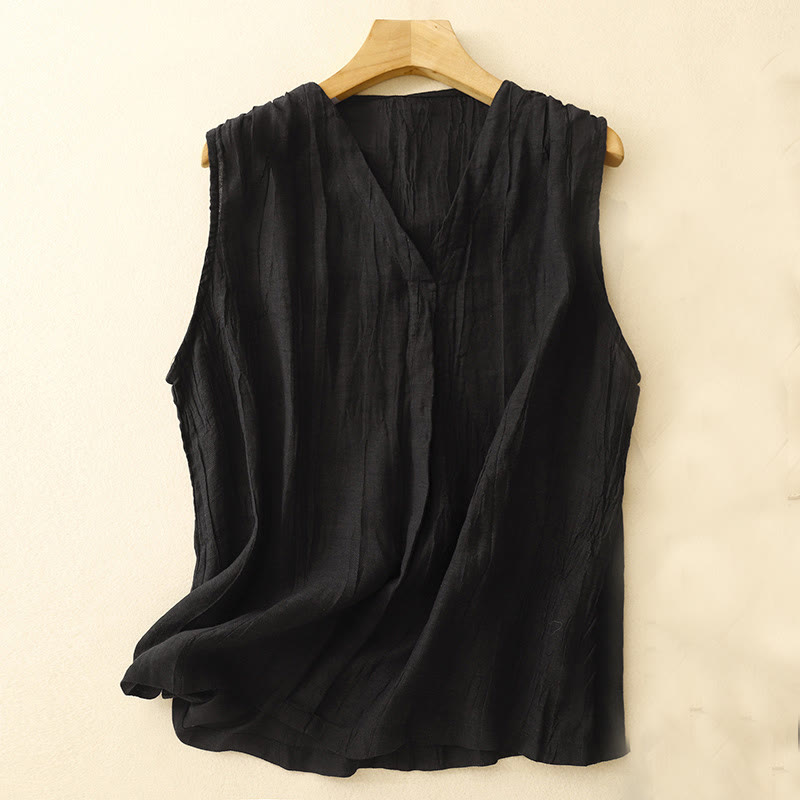 Cardigan scollo a V senza maniche in cotone e lino da donna, casual, estivo, in tinta unita, con design a pieghe, motivo Buddha Stones - Nero - US8-10, UK/AU12-14, EU40-42 (2XL) - image 9