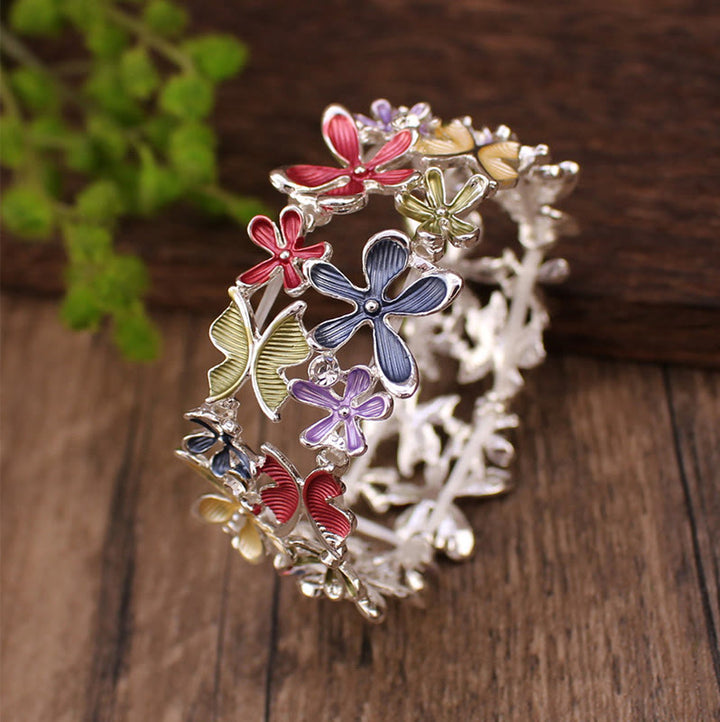 Bracciale elastico in lega con Buddha Stones, farfalle colorate e fiori