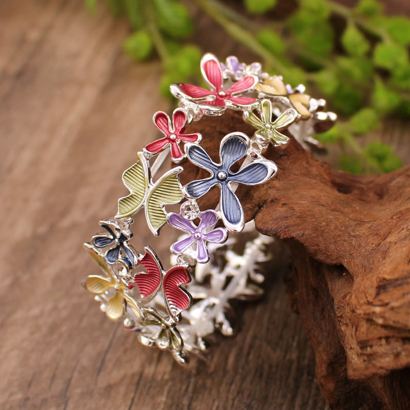Bracciale elastico in lega con Buddha Stones, farfalle colorate e fiori