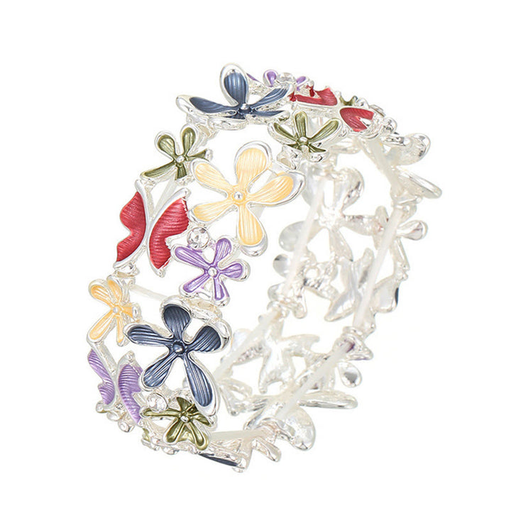 Bracciale elastico in lega con Buddha Stones, farfalle colorate e fiori