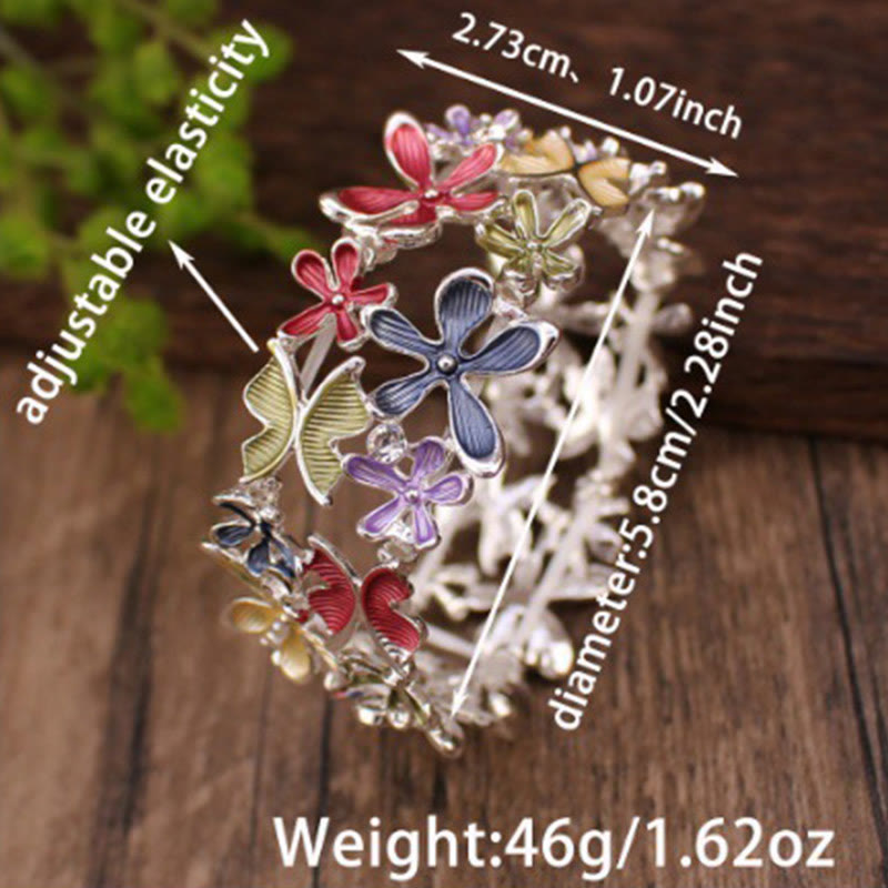 Bracciale elastico in lega con Buddha Stones, farfalle colorate e fiori
