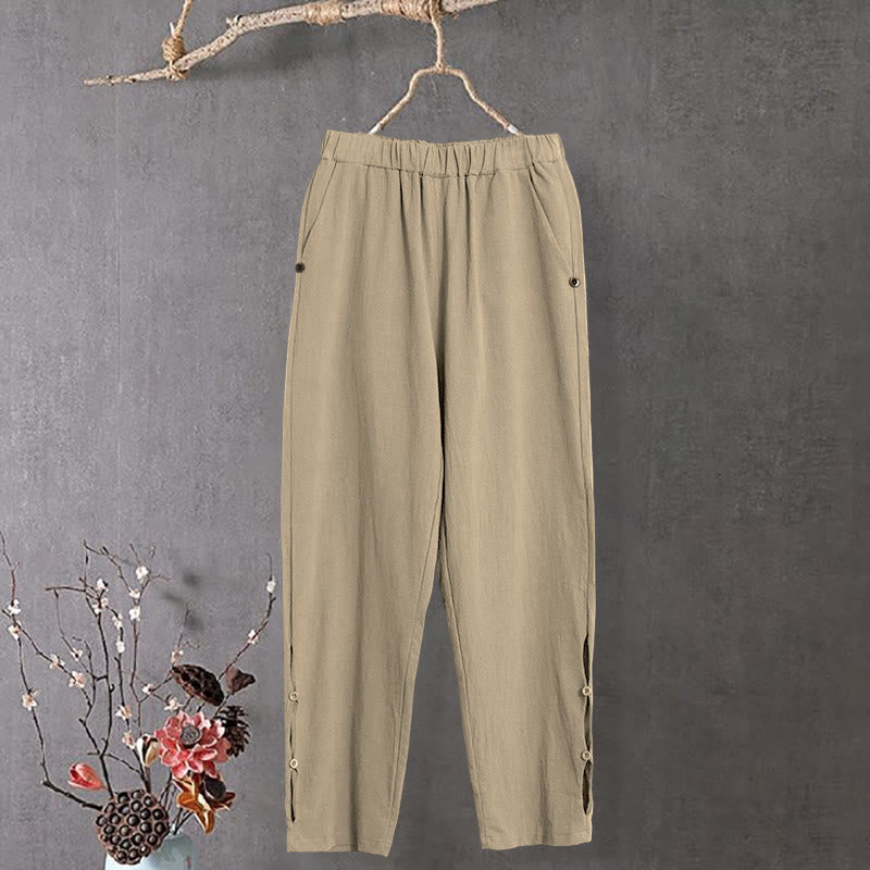 Pantaloni da donna in cotone e lino con tasche, modello Buddha Stones, casual, colore puro, con polsini e bottoni cavi - Verga d'oro pallida - US14, UK/AU18, EU46 (3XL) - image 1