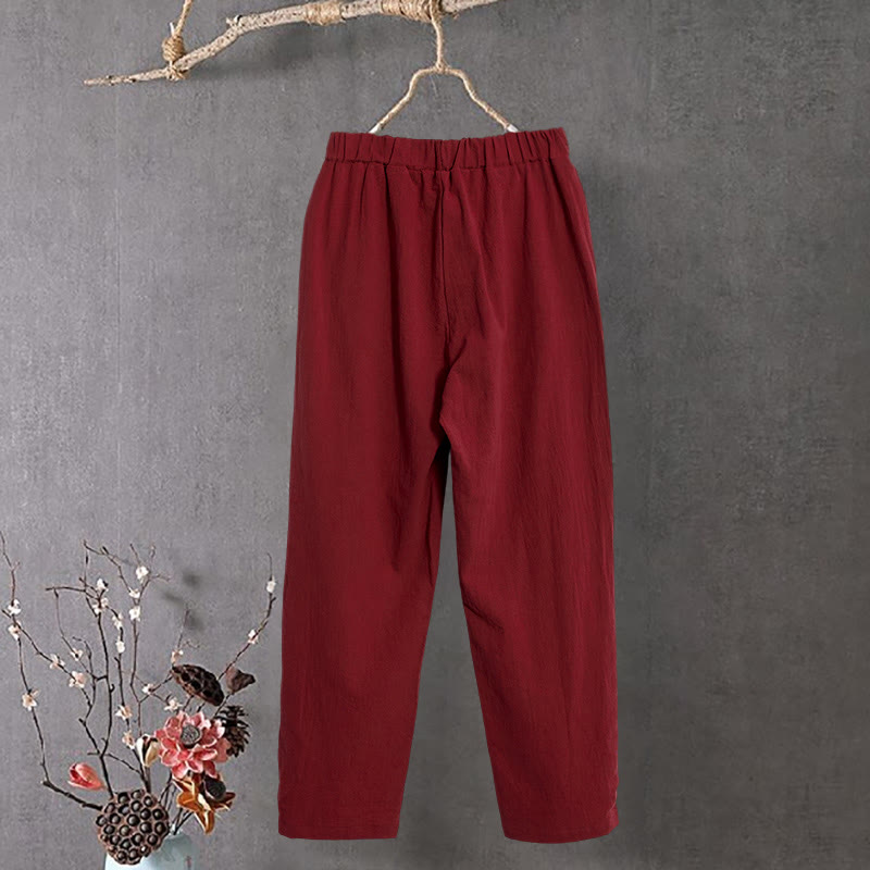 Pantaloni da donna in cotone e lino con tasche, modello Buddha Stones, casual, colore puro, con polsini e bottoni cavi - image 14