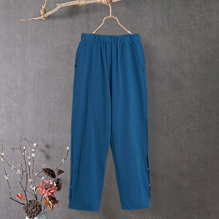 Pantaloni da donna in cotone e lino con tasche, modello Buddha Stones, casual, colore puro, con polsini e bottoni cavi - image 24
