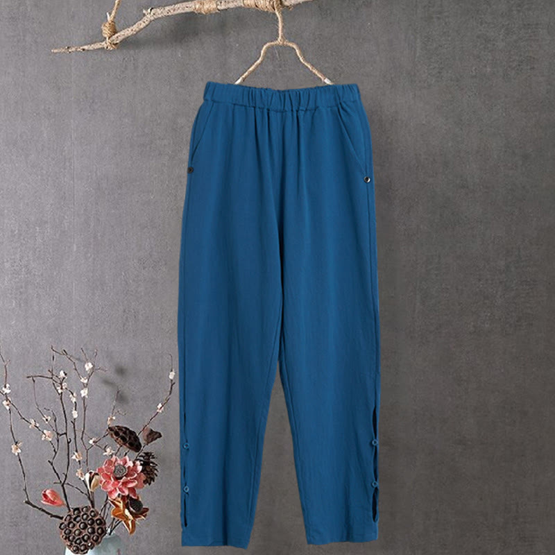 Pantaloni da donna in cotone e lino con tasche, modello Buddha Stones, casual, colore puro, con polsini e bottoni cavi - SteelBlue - US14, UK/AU18, EU46 (3XL) - image 25