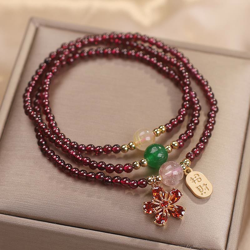 Bracciale multistrato con perle di granato ultrasottili naturali da 3 mm Buddha Stones, fiore di ciliegio, attrae fortuna e protezione