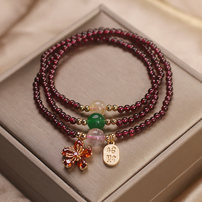 Bracciale multistrato con perle di granato ultrasottili naturali da 3 mm Buddha Stones, fiore di ciliegio, attrae fortuna e protezione
