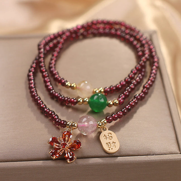 Bracciale multistrato con perle di granato ultrasottili naturali da 3 mm Buddha Stones, fiore di ciliegio, attrae fortuna e protezione