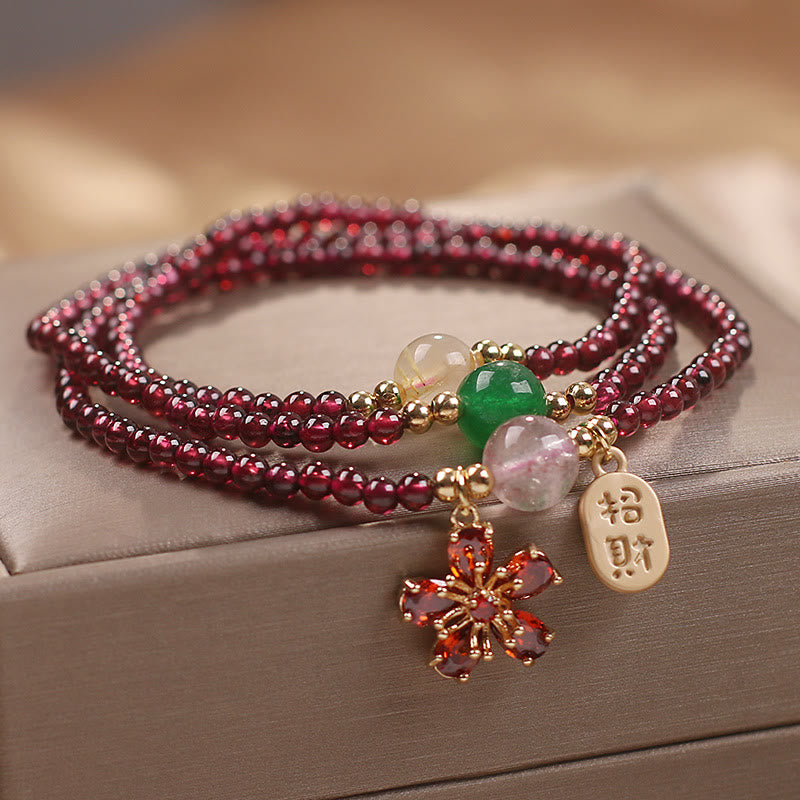 Bracciale multistrato con perle di granato ultrasottili naturali da 3 mm Buddha Stones, fiore di ciliegio, attrae fortuna e protezione