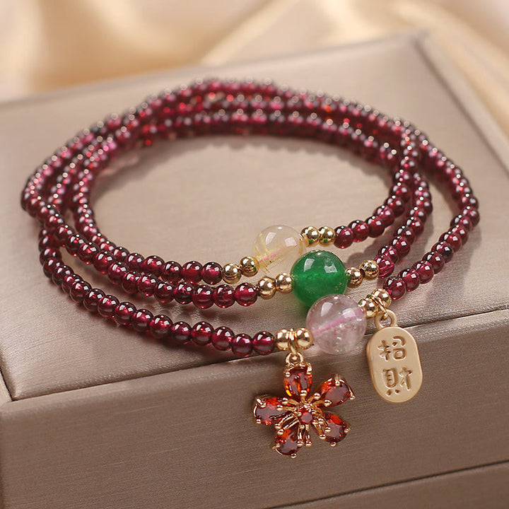 Bracciale multistrato con perle di granato ultrasottili naturali da 3 mm Buddha Stones, fiore di ciliegio, attrae fortuna e protezione