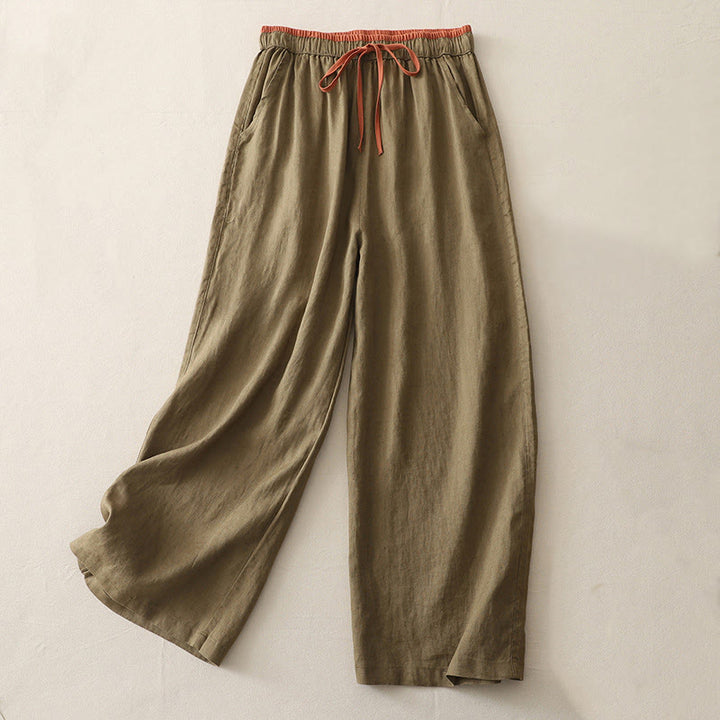 Pantaloni da donna a gamba larga con coulisse e tasche, modello casual color block con motivo Buddha Stones. - Cachi scuro - US14, UK/AU18, EU46 (3XL) - image 0