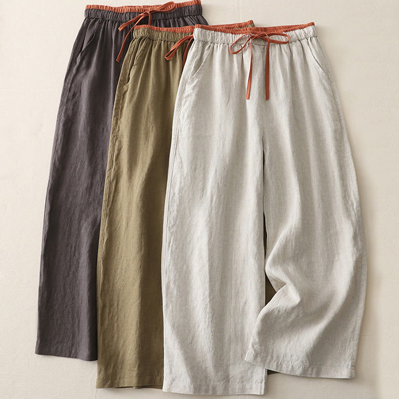 Pantaloni da donna a gamba larga con coulisse e tasche, modello casual color block con motivo Buddha Stones. - image 21