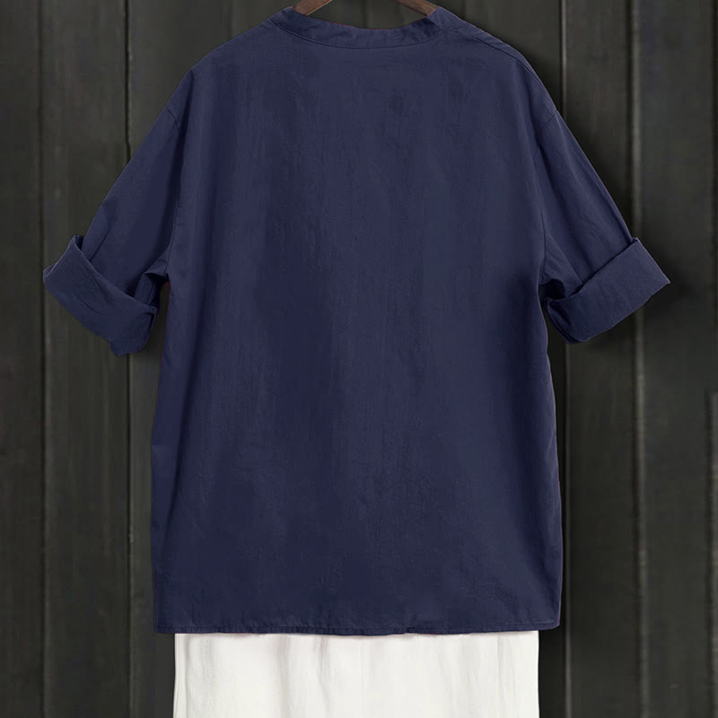 Camicia da donna in cotone e lino, a maniche corte, con colletto a punta e petto semplice, stile casual estivo Buddha Stones - image 1
