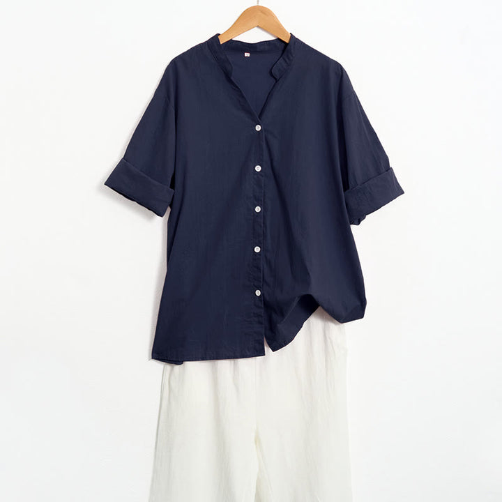 Camicia da donna in cotone e lino, a maniche corte, con colletto a punta e petto semplice, stile casual estivo Buddha Stones - image 5
