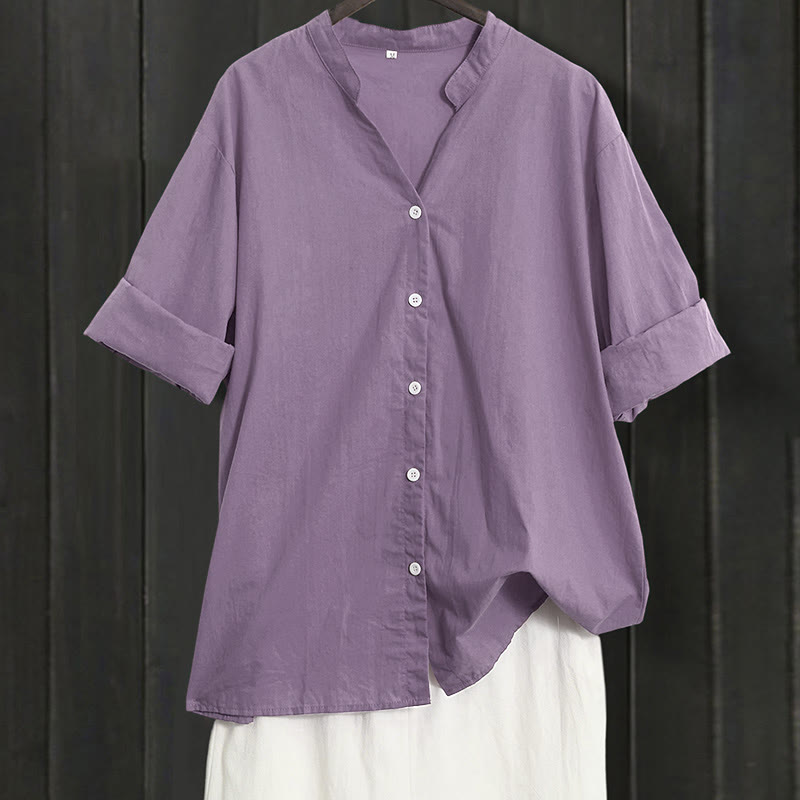 Camicia da donna in cotone e lino, a maniche corte, con colletto a punta e petto semplice, stile casual estivo Buddha Stones - Orchidea media - US20, UK/AU24, EU52 (5XL) - image 42