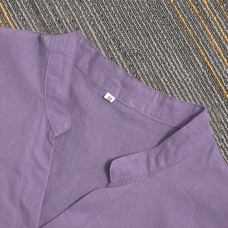 Camicia da donna in cotone e lino, a maniche corte, con colletto a punta e petto semplice, stile casual estivo Buddha Stones - image 44
