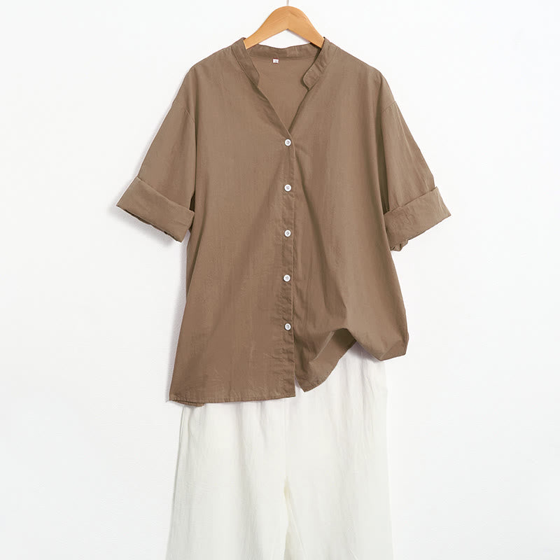 Camicia da donna in cotone e lino, a maniche corte, con colletto a punta e petto semplice, stile casual estivo Buddha Stones - image 59