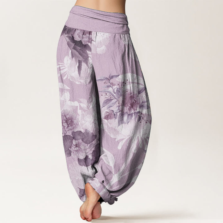 Pantaloni harem da donna con elastico in vita, in puro cotone, con fiori e foglie bianche, motivo Buddha Stones - image 9
