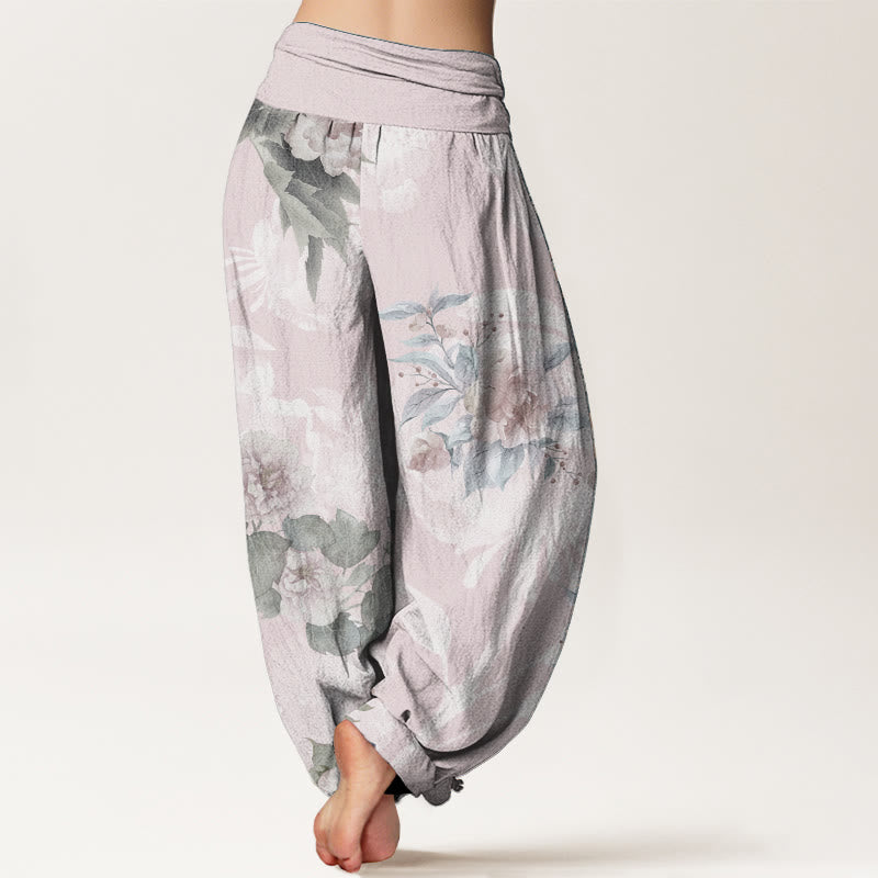Pantaloni harem da donna con elastico in vita, in puro cotone, con fiori e foglie bianche, motivo Buddha Stones - image 1