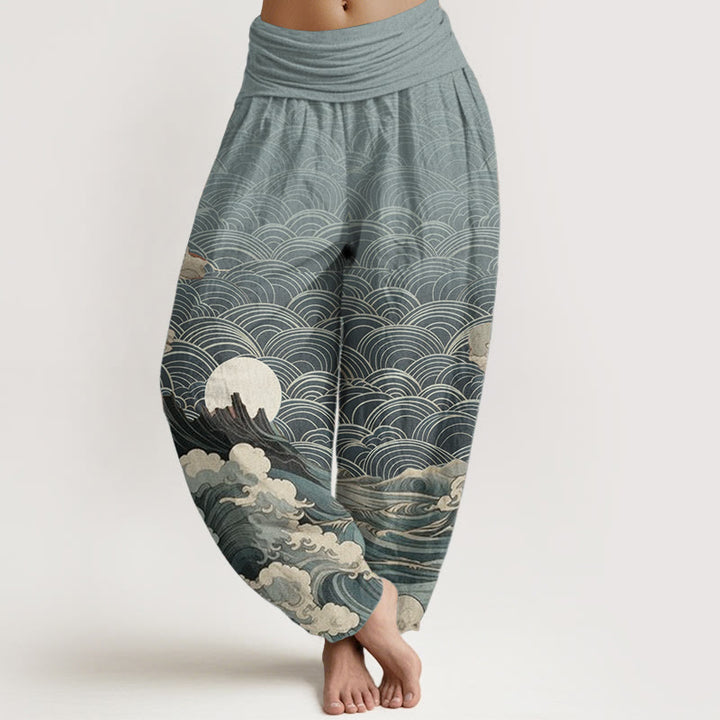 Pantaloni harem da donna con elastico in vita, modello casual in puro cotone con motivo a onde, luna e montagna, motivo Buddha Stones - Cielo Blu - US22, UK/AU26, EU54 (6XL) - image 5