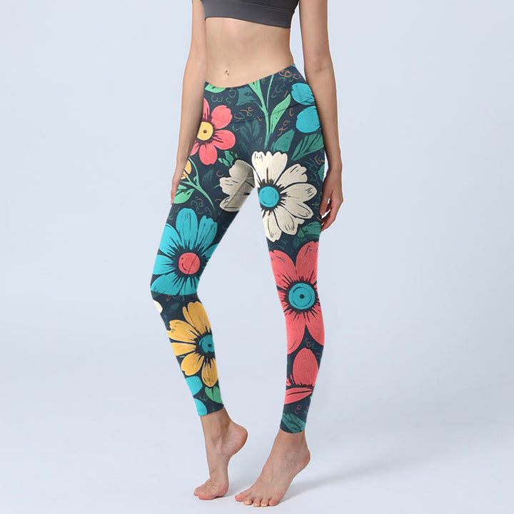 Leggings da palestra con stampa di fiori colorati Buddha Stones , pantaloni da yoga da donna - Nero - US18, UK/AU22, EU50 (4XL) - image 0