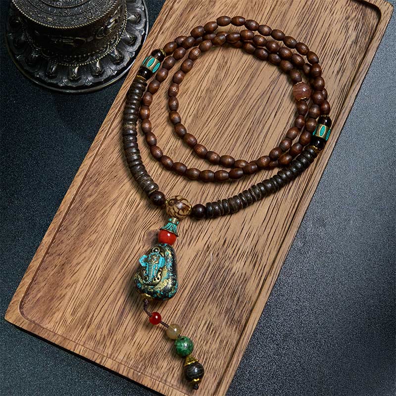 Collana con ciondolo a forma di testa di elefante, in legno wengé, fatto a mano in Tibet, con perline Dzi di protezione. - Wenge Wood&Elephant - image 8