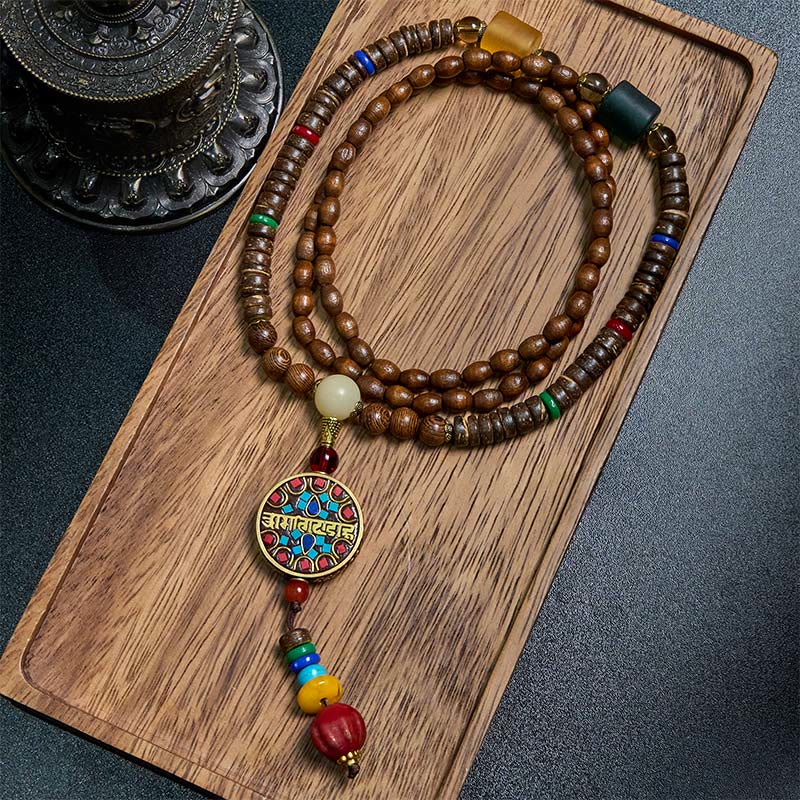 Collana con ciondolo in perline di rame, mantra luminoso, perline di rame, ciondolo in legno di Schima, fatto a mano in tibetano con Buddha Stones . - Schima Wood e il Grande Mantra Luminoso - image 0