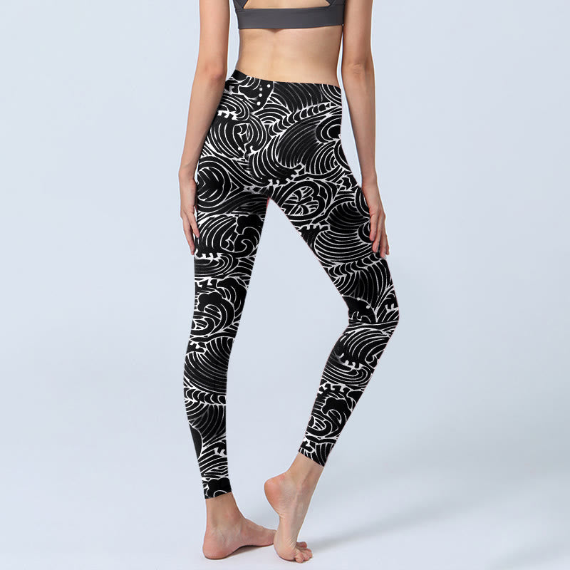 Leggings da palestra con stampa a onde e linee bianche, pantaloni da yoga da donna, modello Buddha Stones - image 3