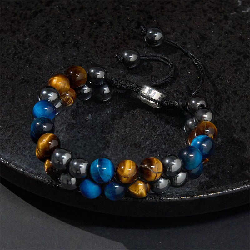 Braccialetto di forza con perline a doppia fila, motivo Om, in occhio di tigre blu naturale e magnetite nera con Buddha Stones