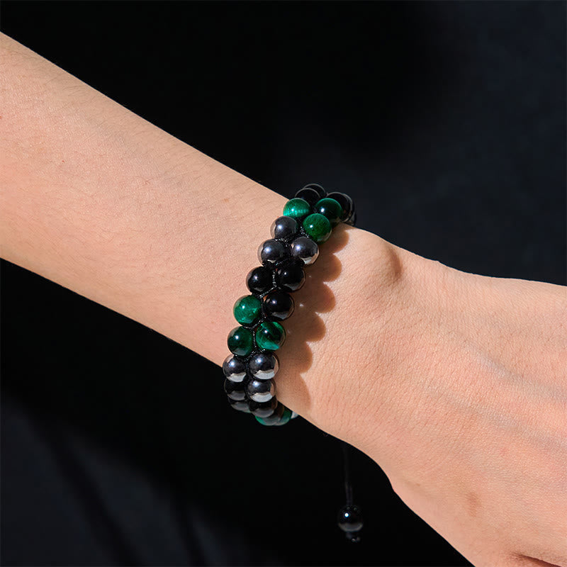 Braccialetto positivo con perline a doppia fila in ossidiana nera, magnetite nera, occhio di tigre verde naturale Buddha Stones