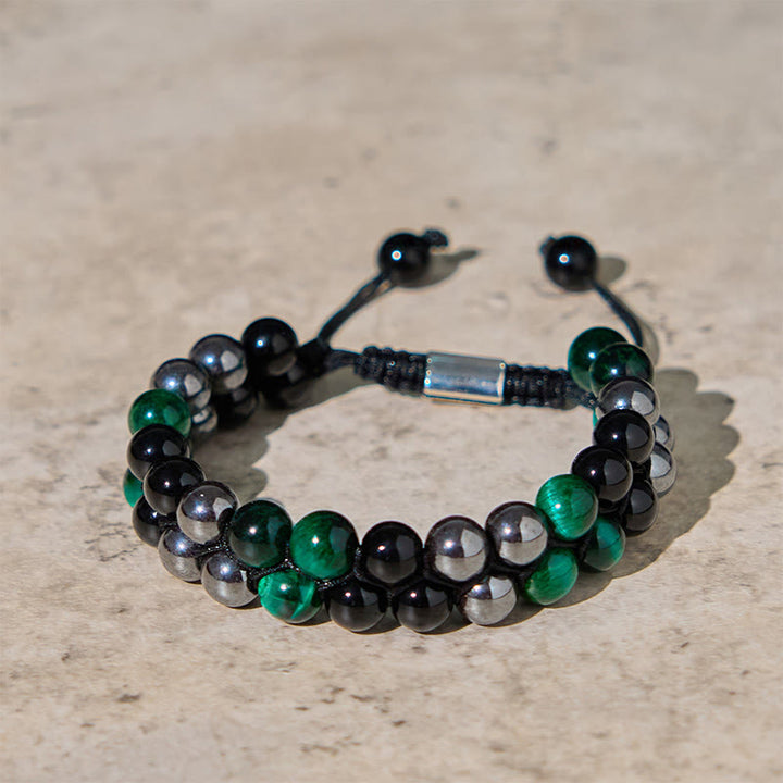 Braccialetto positivo con perline a doppia fila in ossidiana nera, magnetite nera, occhio di tigre verde naturale Buddha Stones