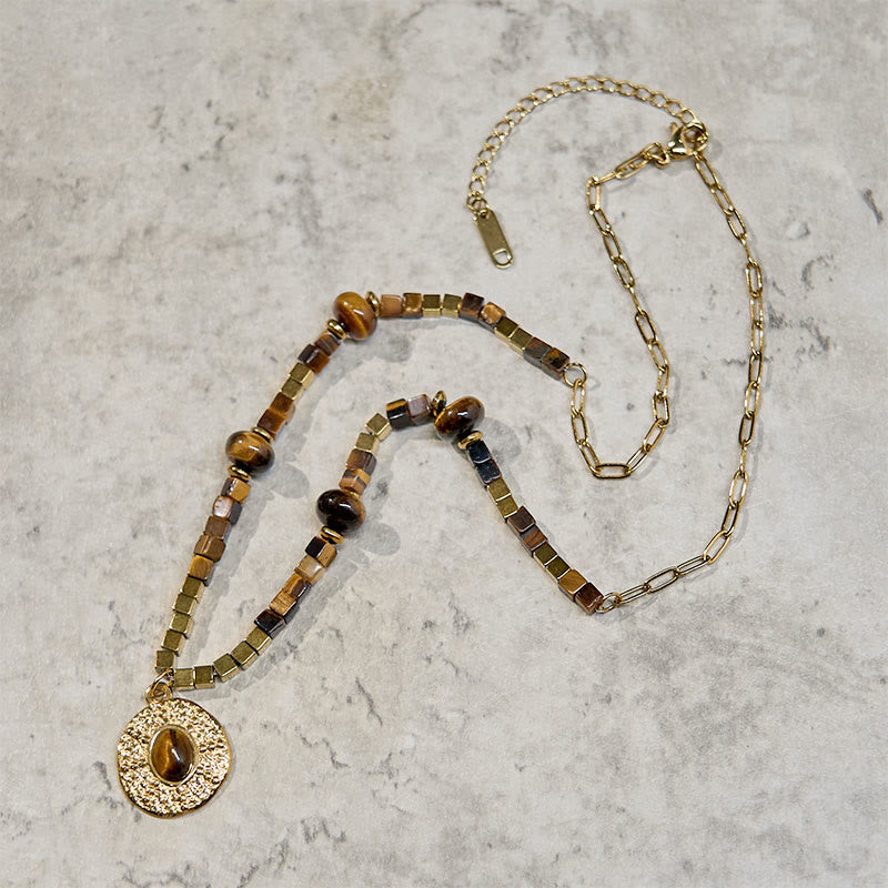 Collana con ciondolo in acciaio al titanio con protezione quadrata in occhio di tigre naturale Buddha Stones