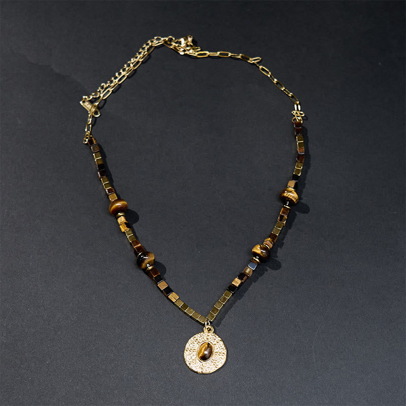 Collana con ciondolo in acciaio al titanio con protezione quadrata in occhio di tigre naturale Buddha Stones