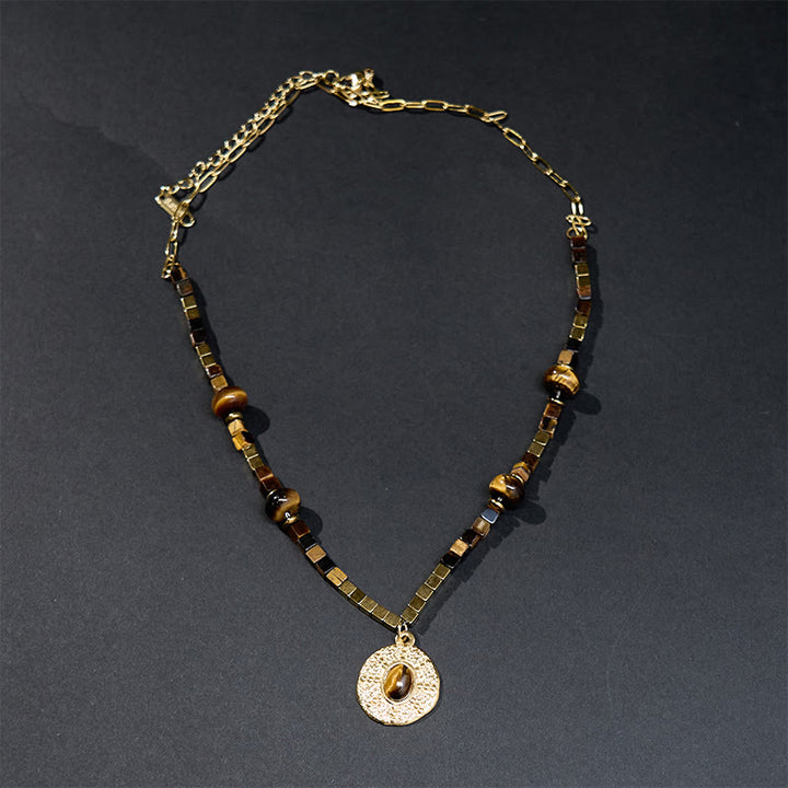 Collana con ciondolo in acciaio al titanio con protezione quadrata in occhio di tigre naturale Buddha Stones