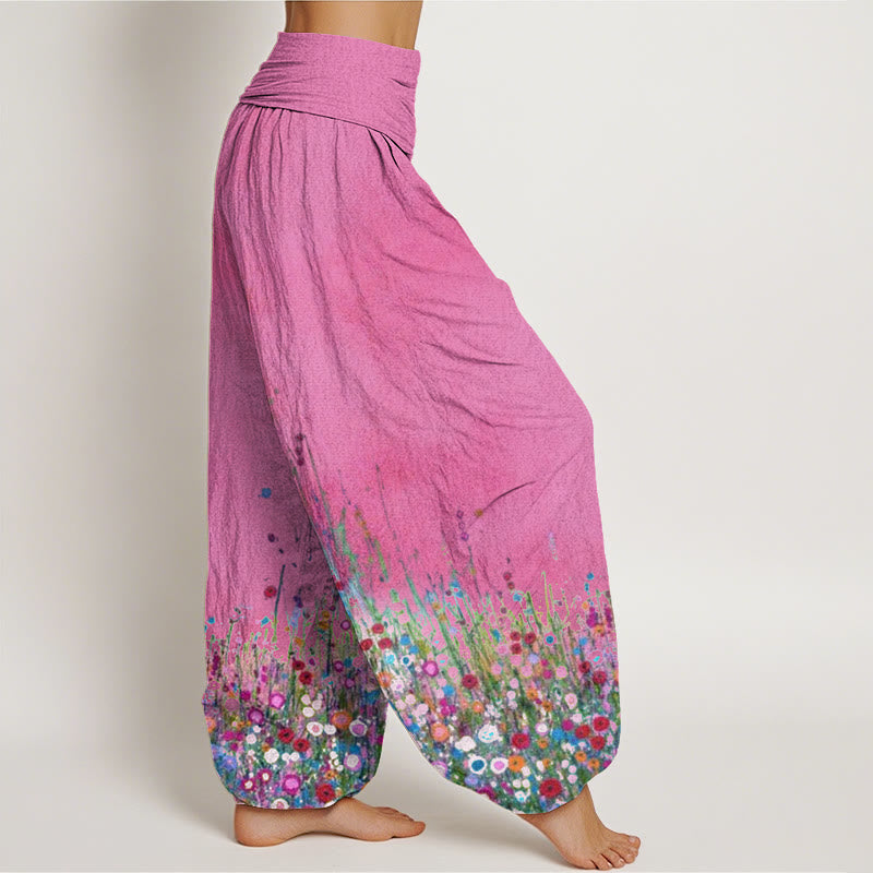Pantaloni harem da donna con elastico in vita, in cotone, casual, con motivo di fiori selvatici colorati, motivo Buddha Stones - image 9
