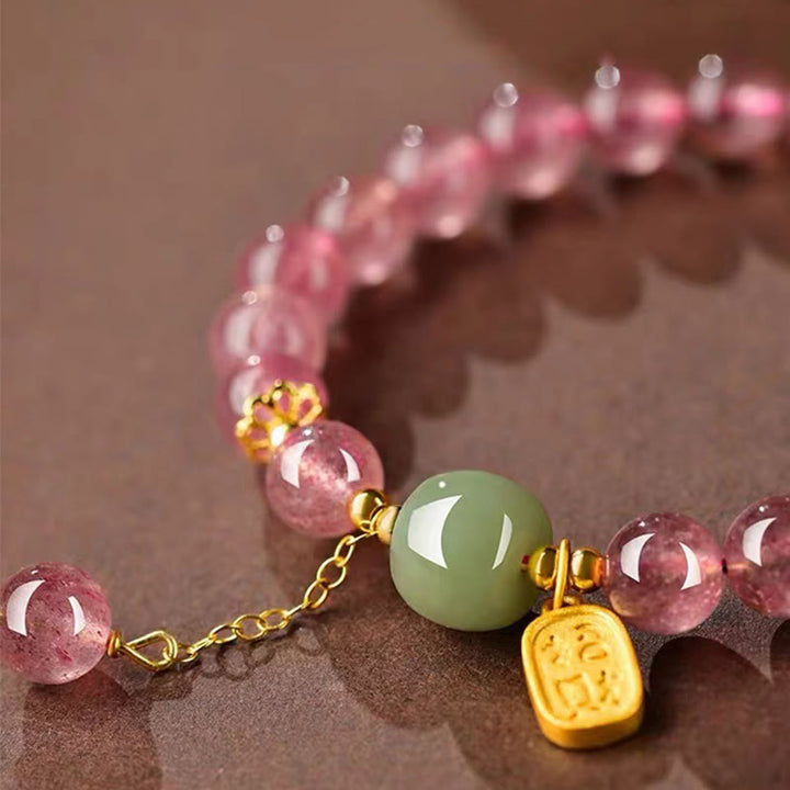 Braccialetto di guarigione positiva in giada con carattere Fu, quarzo fragola naturale Buddha Stones