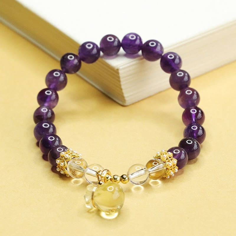 Bracciale Buddha Stones con ciondolo a forma di borsa porta soldi in ametista e citrino naturale
