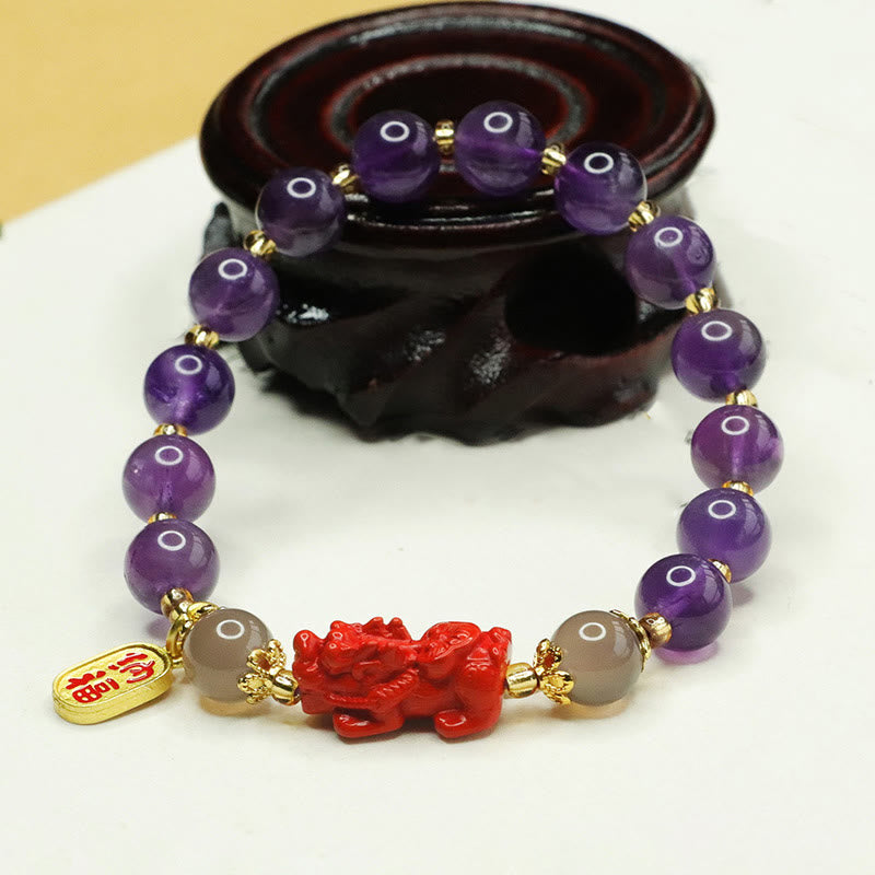 Bracciale dell'equilibrio del carattere Pi Xiu Fu Buddha Stones, ametista naturale e cinabro