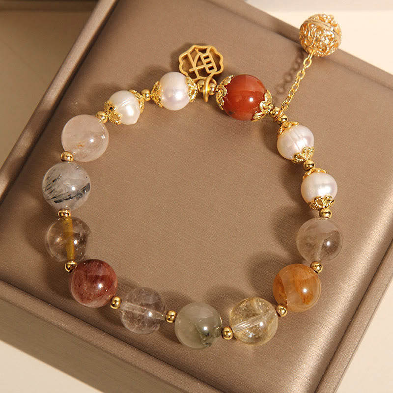 Bracciale Buddha Stones in quarzo rutilato naturale con perle che attraggono fortuna e ricchezza