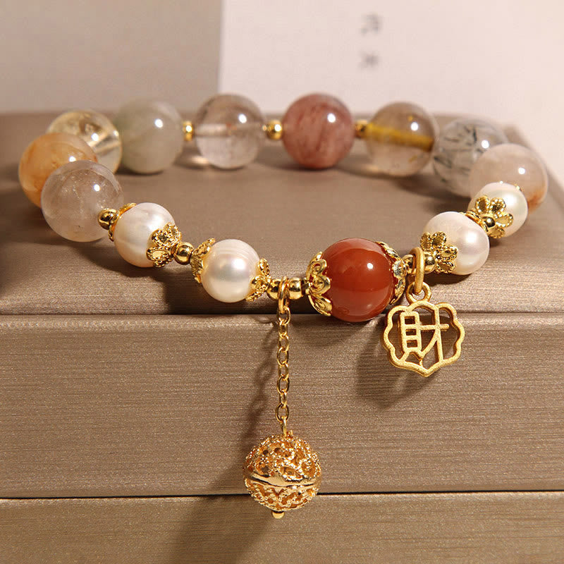 Bracciale Buddha Stones in quarzo rutilato naturale con perle che attraggono fortuna e ricchezza