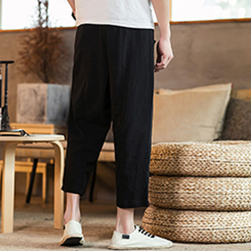 Pantaloni da uomo in cotone e lino con elastico in vita, casual, tinta unita, con coulisse e tasche, modello Buddha Stones - image 29