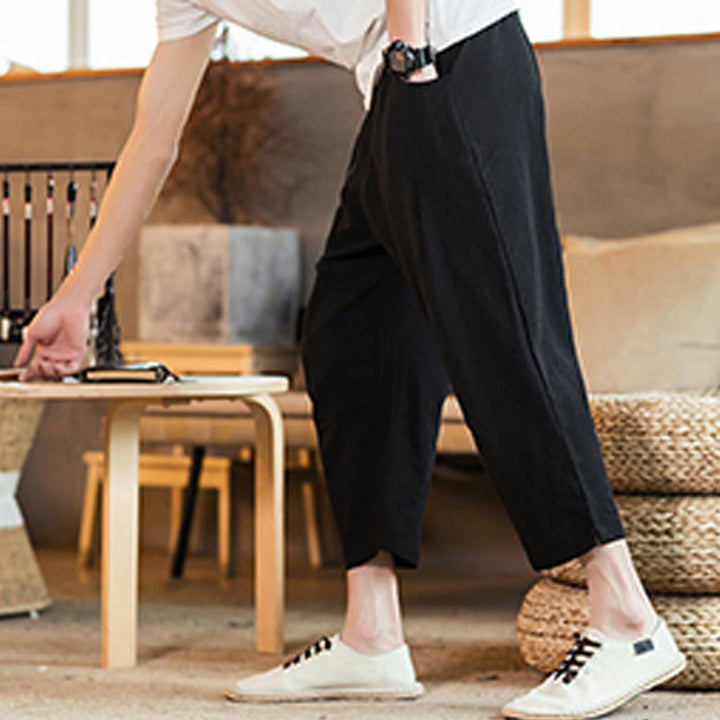 Pantaloni da uomo in cotone e lino con elastico in vita, casual, tinta unita, con coulisse e tasche, modello Buddha Stones - image 30