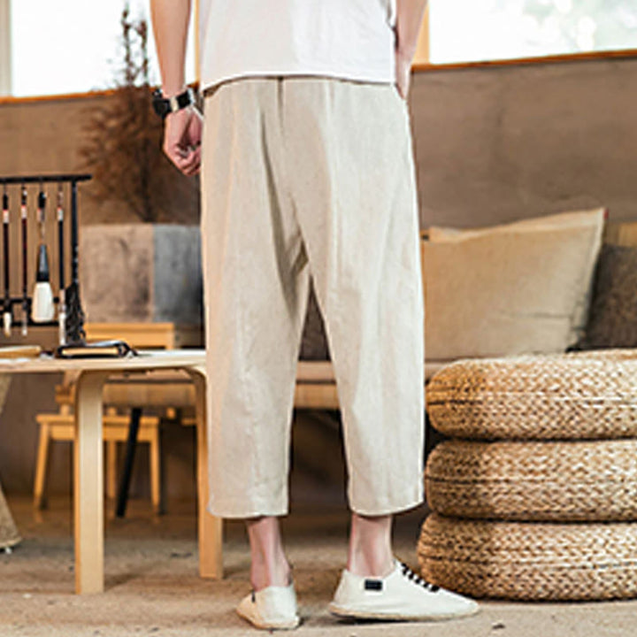 Pantaloni da uomo in cotone e lino con elastico in vita, casual, tinta unita, con coulisse e tasche, modello Buddha Stones - image 42